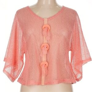 Pretty Angel Womens Coral Pink Open Knit Mesh Sequin Button Front Cardigan‎ L
